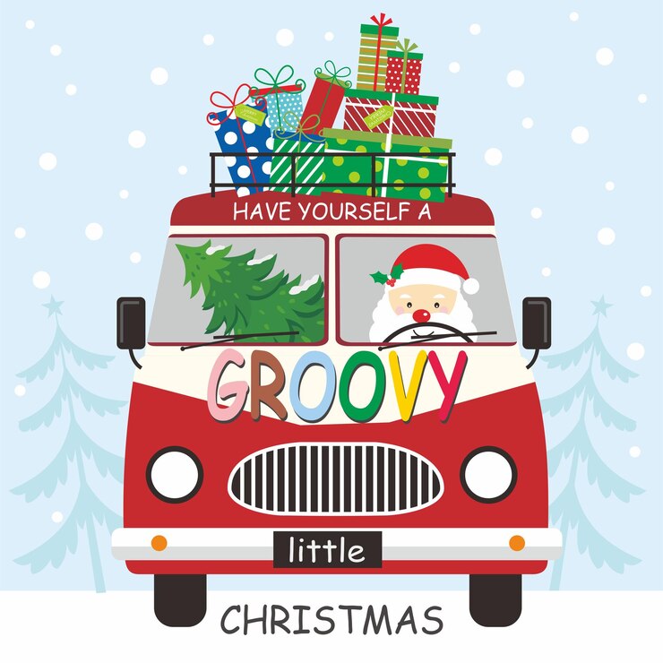 Vector una tarjeta de navidad con una imagen de un papá noel en la parte de atrás de una furgoneta