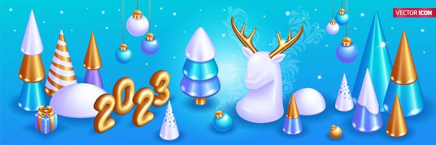 Tarjeta de Navidad isométrica 3D realista con decoraciones de Año Nuevo, árboles de Navidad, regalos y ciervos blancos
