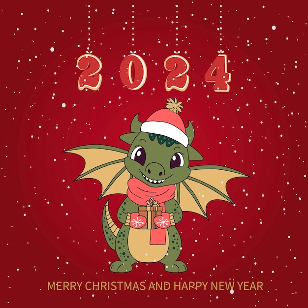Tarjeta de Navidad con un lindo dragón verde símbolo de 2024 Dragón verde divertido con un regalo Tarjeta de feliz Navidad y próspero año nuevo Vector Ilustración vectorial