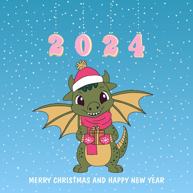 Tarjeta de Navidad con un lindo dragón verde símbolo de 2024 Dragón verde divertido con un regalo Tarjeta de feliz Navidad y próspero año nuevo Vector Ilustración vectorial