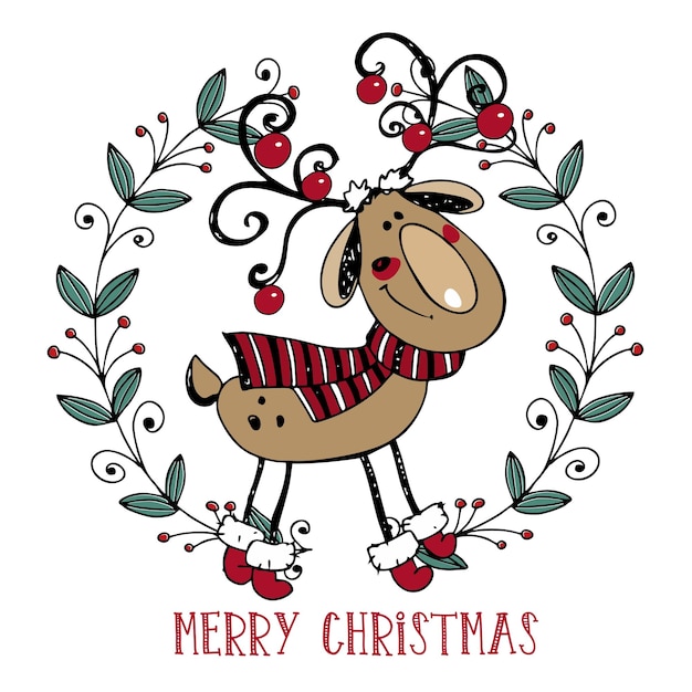 Una tarjeta de navidad con un lindo estilo de garabato de ciervos de invierno vector