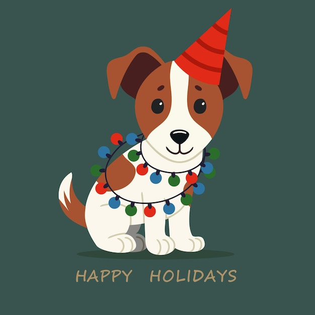Tarjeta de Navidad con un lindo Jack Russell Terrier en un sombrero festivo y con una guirnalda feliz
