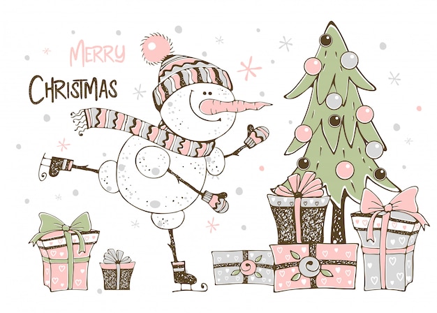 Tarjeta de Navidad con lindo muñeco de nieve Árbol de Navidad y regalos.