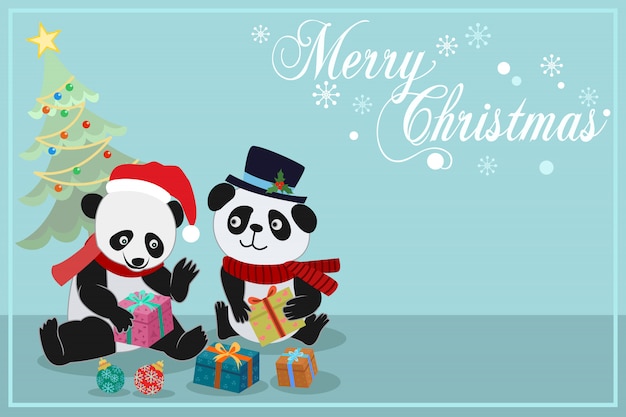 Tarjeta de navidad con lindo panda y regalo.