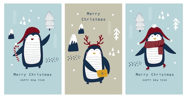 Tarjeta de Navidad con lindo pingüino. Ilustraciones vectoriales