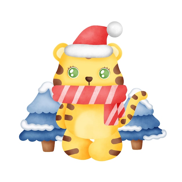 Tarjeta de Navidad con un lindo tigre en estilo acuarela.