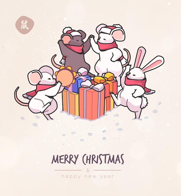 Tarjeta de navidad con lindos ratones de dibujos animados en vector