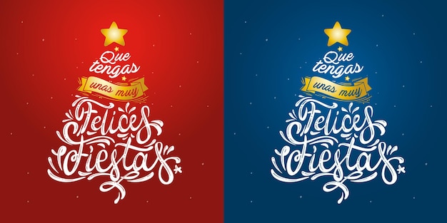 Vector tarjeta de navidad con mensaje de felices fiestas en español con forma de árbol de navidad