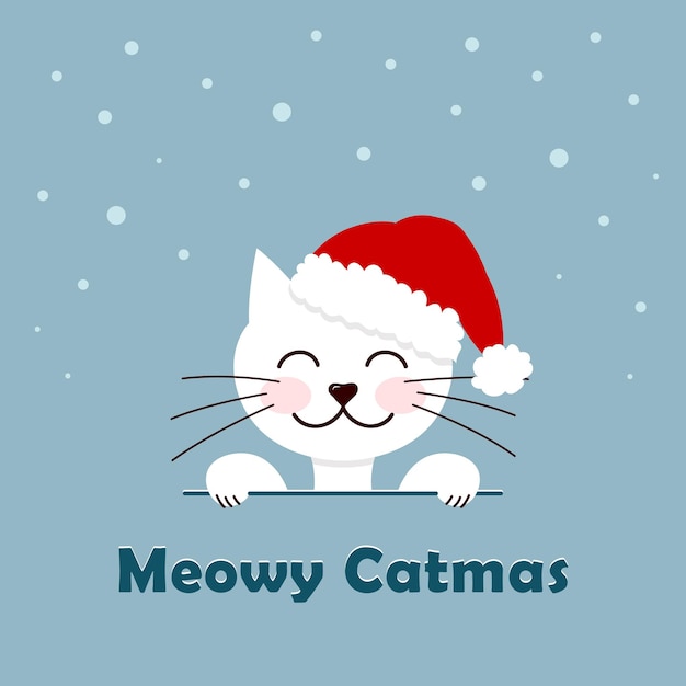 Tarjeta de Navidad de Meowy Cat gato blanco con sombrero de Papá Noel en ilustración vectorial cuadrada