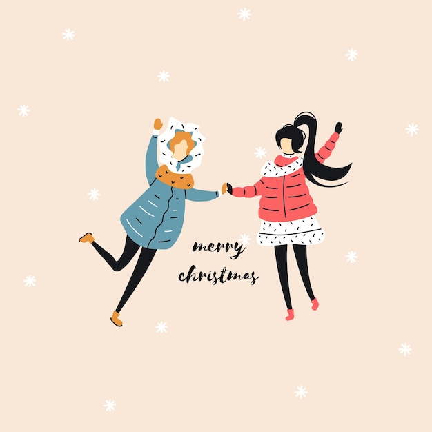 Vector tarjeta de navidad minimalista con niñas felices en un estilo plano vector