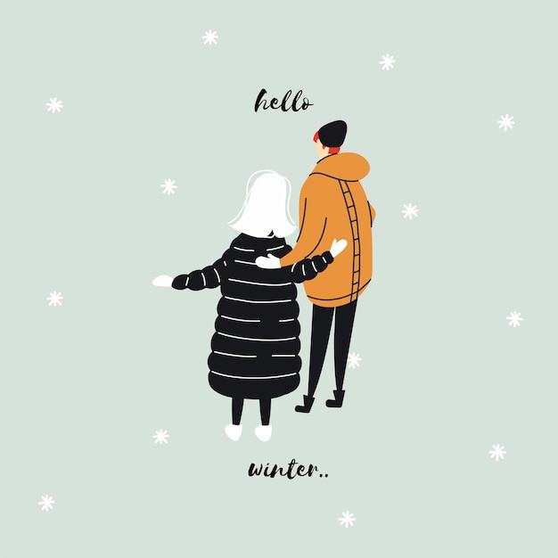 Tarjeta de Navidad minimalista con una pareja feliz en un estilo plano Hola invierno Vector