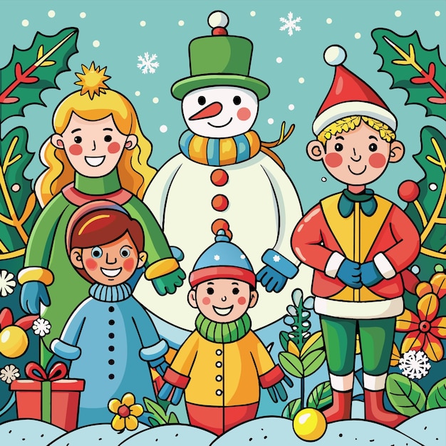 Vector una tarjeta de navidad con un muñeco de nieve y un muñec o de nieve con un muñón de nieve en ella