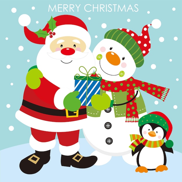 Tarjeta de Navidad con el muñeco de nieve de Papá Noel y el pingüino