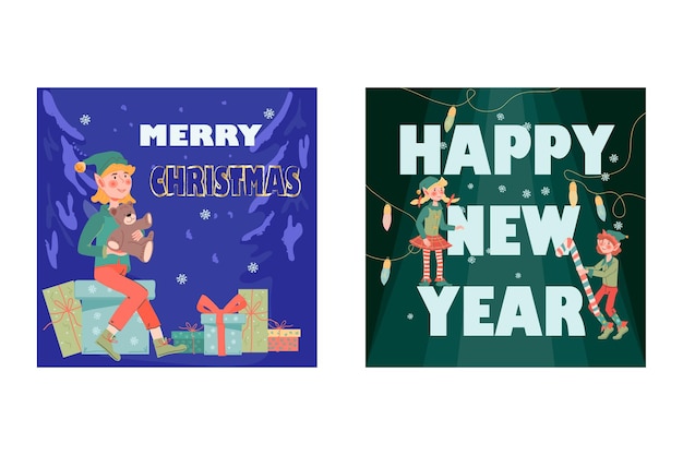 Tarjeta de Navidad o paquete de pancartas con lindos duendes ilustración vectorial plana