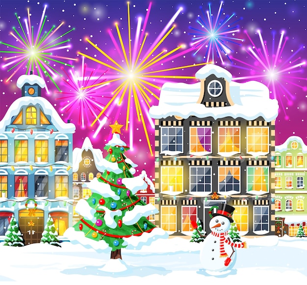 Tarjeta de navidad con paisaje urbano y fuegos artificiales. paisaje urbano con casas coloridas con saludo en la noche. winter village cozy town panorama de la ciudad. banner de navidad de navidad de año nuevo. ilustración vectorial plana