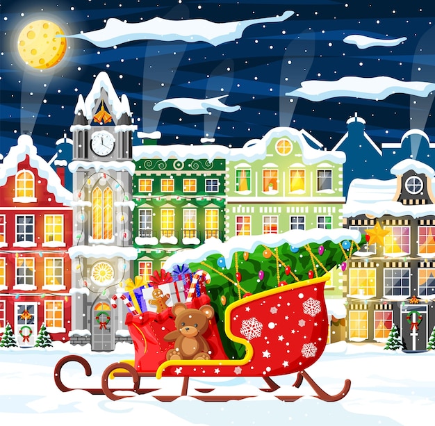 Tarjeta de Navidad con paisaje urbano y nevadas Paisaje urbano con casas coloridas con nieve en la noche Pueblo de invierno Pueblo acogedor Panorama de la ciudad Año nuevo Navidad Banner Ilustración vectorial plana