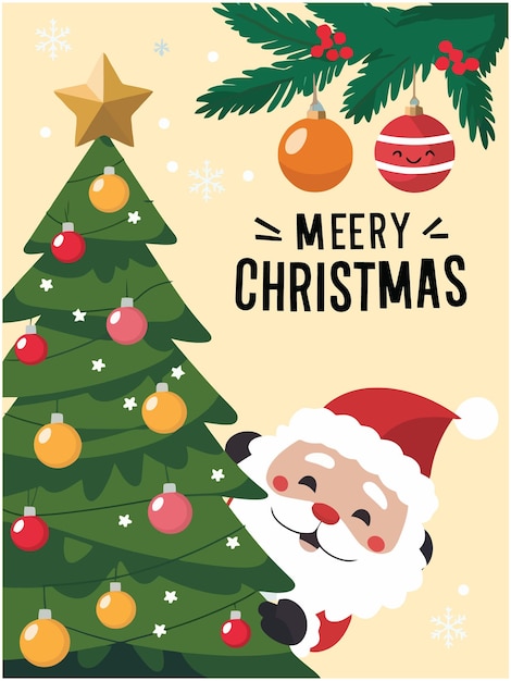una tarjeta de Navidad con un Papá Noel y un árbol de Navidad