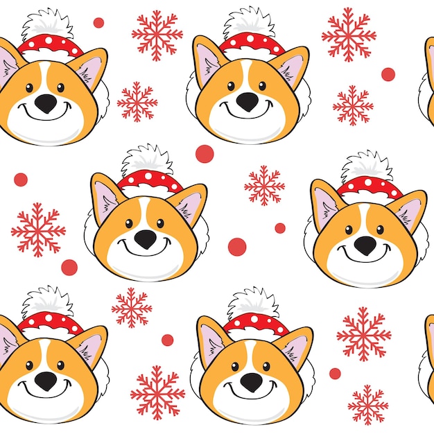 Tarjeta de Navidad perro corgi sobre un fondo blanco de patrones sin fisuras. Ilustración de dibujos animados de vector