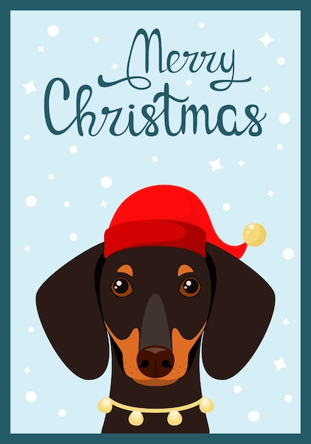 Una tarjeta de Navidad con un perro salchicha. Lindo perro estilo caricatura.