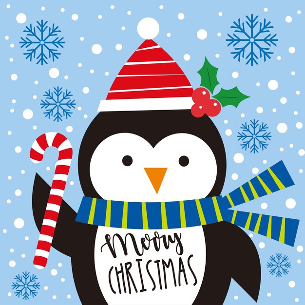 Tarjeta de Navidad con pingüino y bastón de caramelo