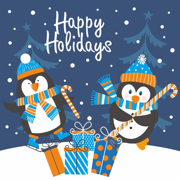 Tarjeta de Navidad con un pingüino dulce y regalos