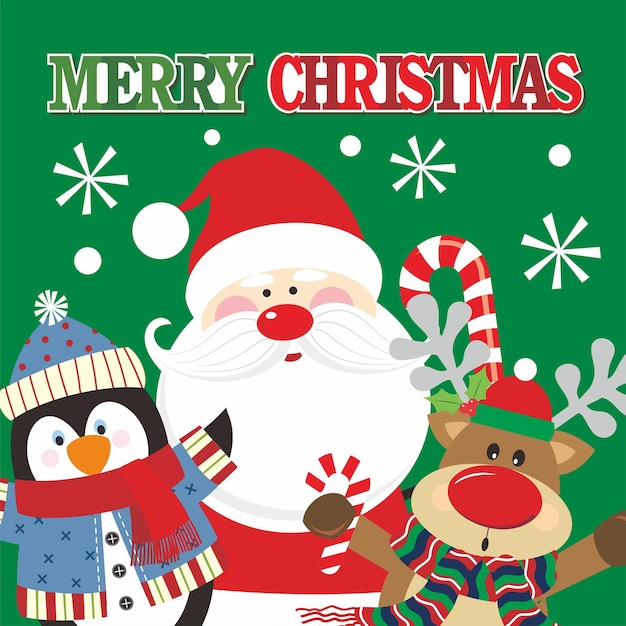 Tarjeta de Navidad con el pingüino de Papá Noel y los renos
