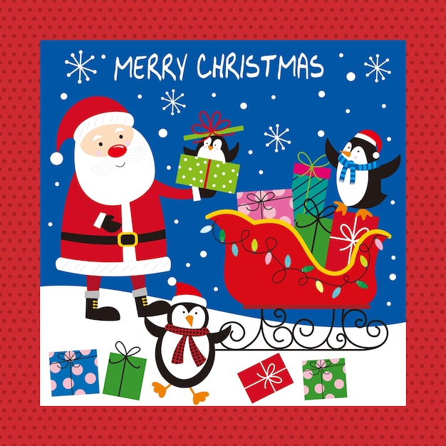 Tarjeta de Navidad con el pingüino de Papá Noel y el trineo