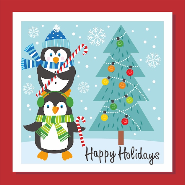 una tarjeta de Navidad con pingüinos y un árbol de Navidad