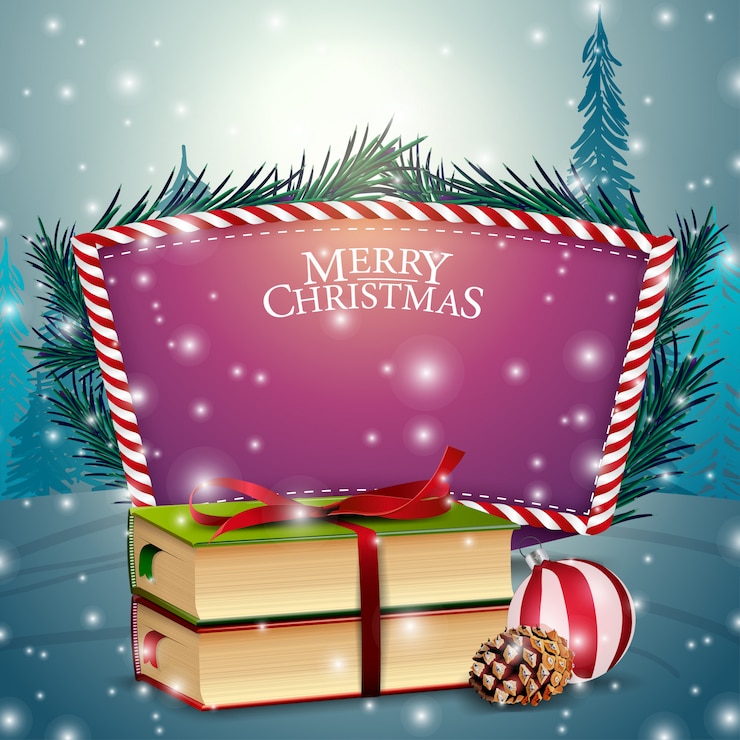 Vector tarjeta de navidad con plantilla de texto púrpura y libros de navidad