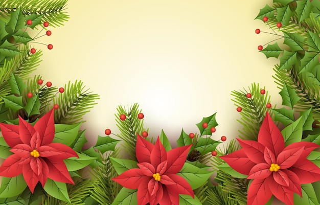 una tarjeta de Navidad con poinsettia y bayas rojas