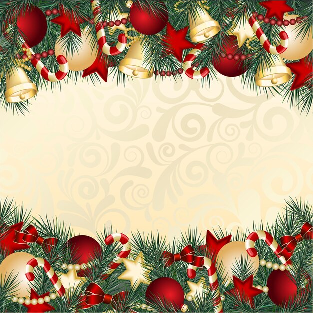 Tarjeta de Navidad con ramas de árboles de Navidad y bolas. Ilustración vectorial