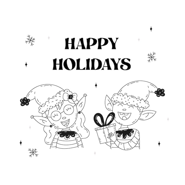 Tarjeta de navidad con regalos de elfos y gráficos de navidad dibujados a mano