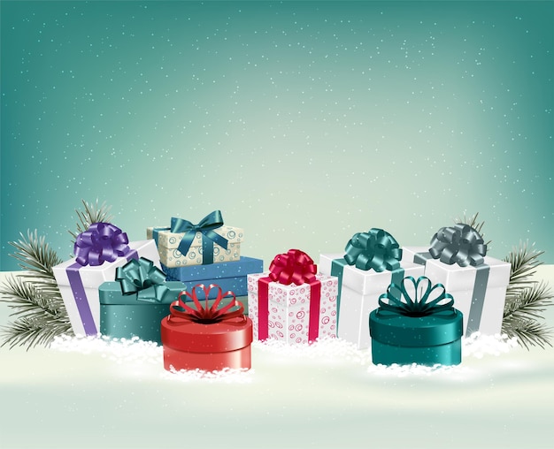 Tarjeta de Navidad con regalos sobre un fondo de invierno de nieve Ilustración vectorial