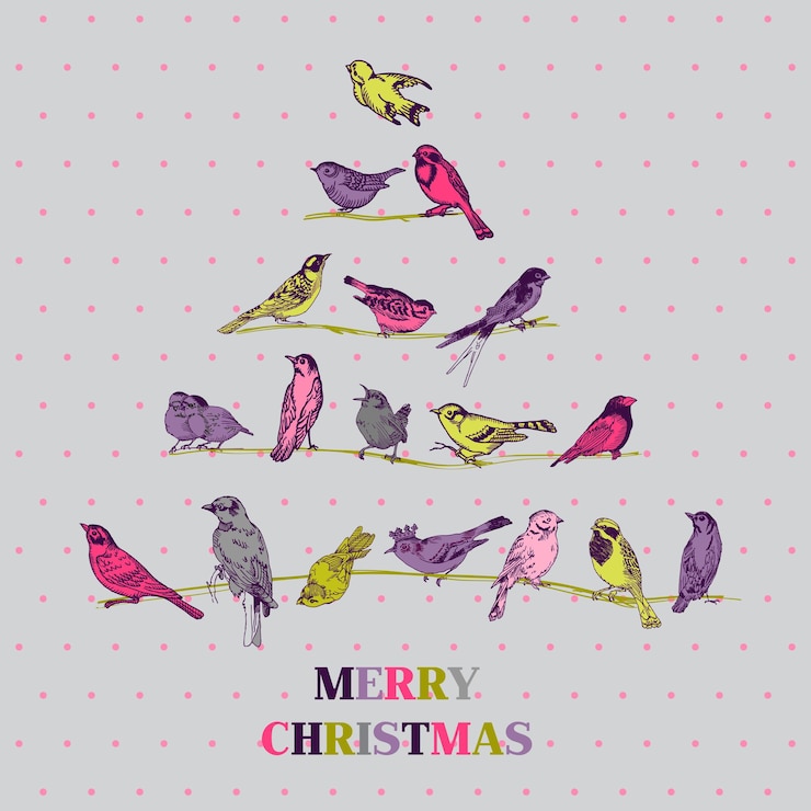 Vector tarjeta de navidad retro pájaros en el árbol de navidad