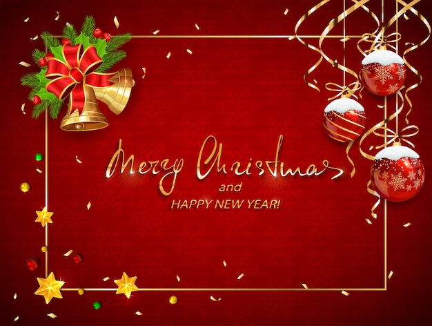 Tarjeta de Navidad roja con copos de nieve y decoración navideña. Campanas de oro con bayas de acebo y bolas de Navidad con serpentinas. Letras de feliz Navidad y próspero año nuevo, ilustración.