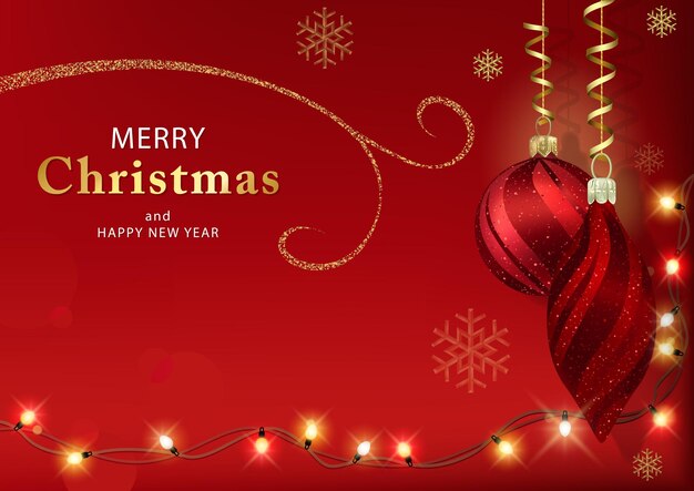 Tarjeta de Navidad roja con decoraciones navideñas colgadas