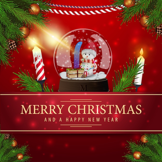 Tarjeta de Navidad roja con globo de nieve y vela