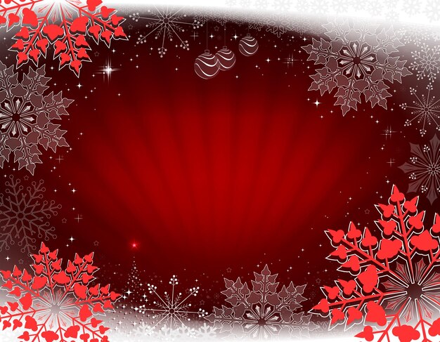 Tarjeta de Navidad roja con rayos de luz brillante árbol de Navidad y grandes copos de nieve rojos