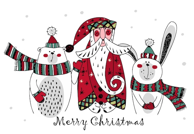 Tarjeta de Navidad con Santa Claus y animales de invierno liebre y oso estilo Doodle Vector