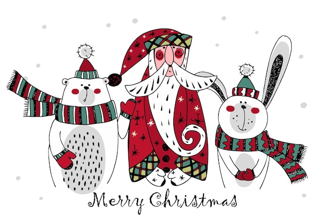 Vector tarjeta de navidad con santa claus y animales de invierno liebre y oso estilo doodle vector