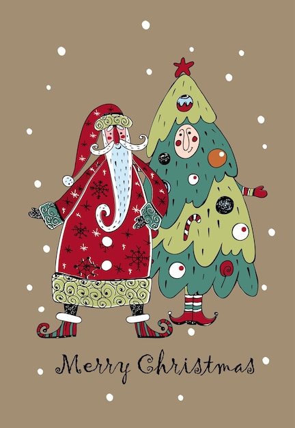 Vector tarjeta de navidad con santa claus y un árbol de navidad festivo estilo doodle vector