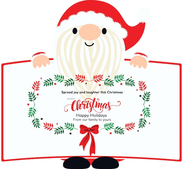 una tarjeta de Navidad con Santa Claus y una corona