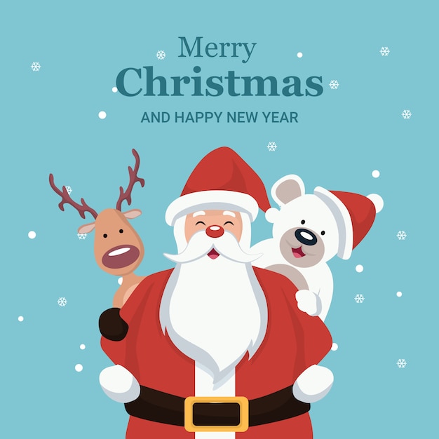 Tarjeta de navidad de santa claus, reno y oso de nieve.