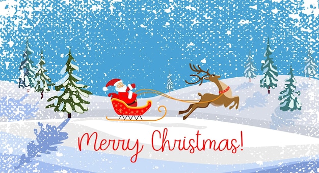 Tarjeta de Navidad Santa Claus en un trineo con un ciervo Fondo de invierno con nieve Saludo de Feliz Navidad Ilustración vectorial