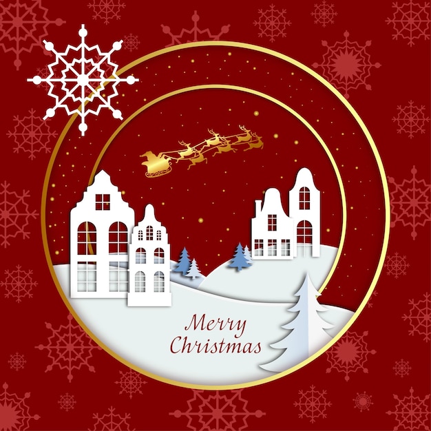 Tarjeta de navidad santa claus vuela por el cielo casas cubiertas de nieve y árboles en estilo de corte de papel de ventisqueros