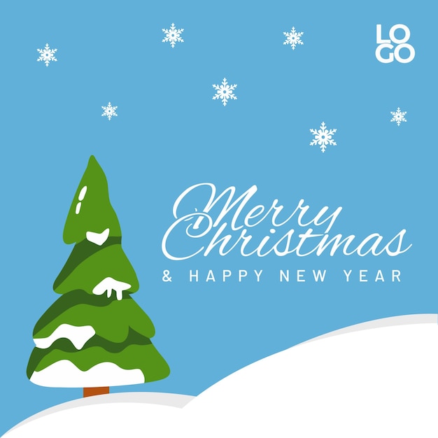 Tarjeta de Navidad simple con árbol de Navidad con fondo azul.