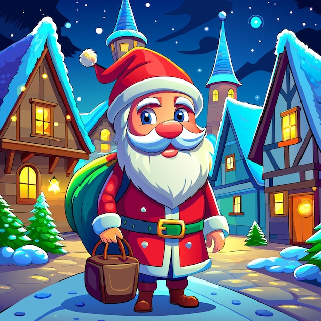 una tarjeta de Navidad con un sombrero de Santa y llevando una bolsa de regalos