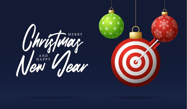Tarjeta de Navidad de Target Dash. Feliz Navidad tarjeta de felicitación deportiva. Cuelga de un hilo Target Dash como bola navideña y chuchería dorada sobre fondo negro. Ilustración de vector de deporte.