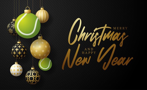 Tarjeta de Navidad de tenis. Feliz Navidad tarjeta de felicitación deportiva. Colgar de un hilo Pelota de tenis como bola de Navidad y adorno dorado sobre fondo negro horizontal. Ilustración de vector de deporte.