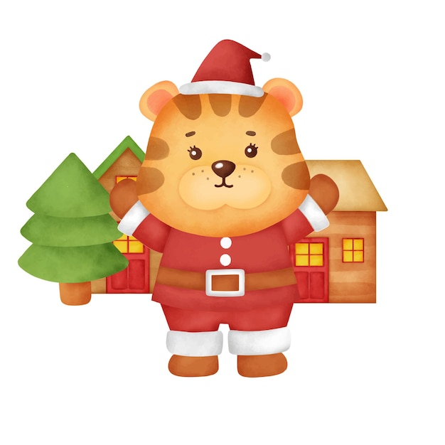 Tarjeta de navidad de tigre acuarela